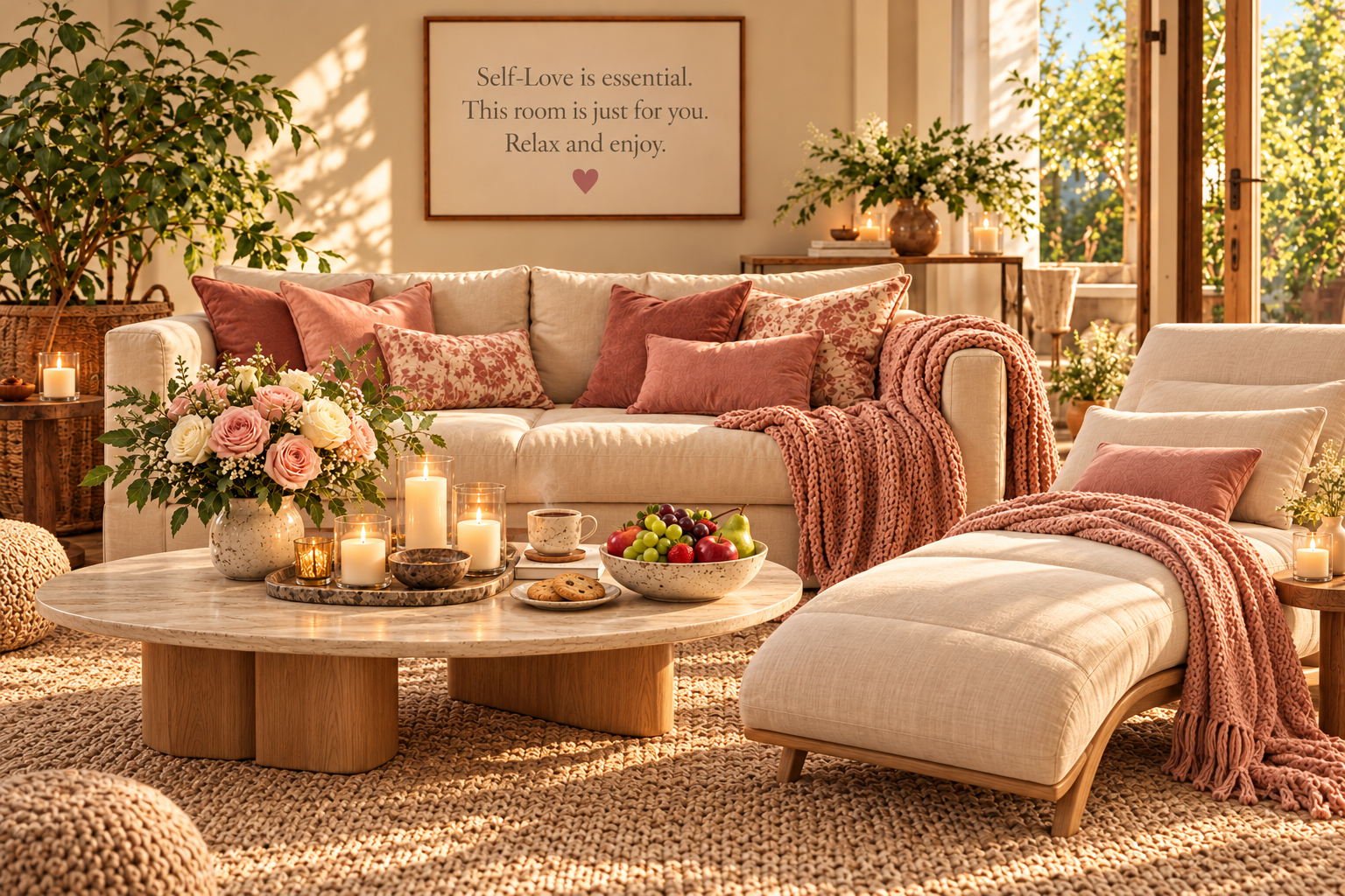 A cosy realistic room in warm daylight with a long cream chaise recliner, rose cushions, knitted throws, a rounded modern stone-and-oak table, fresh roses, leafy plants, tea, biscuits and a bowl of colourful fruit.