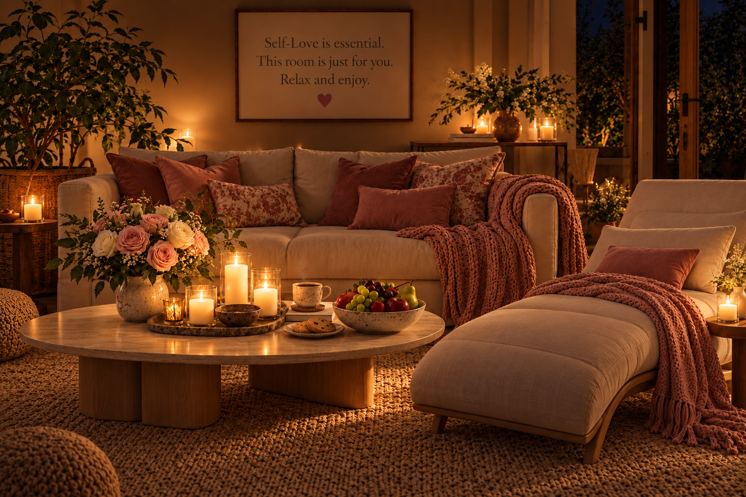 The same welcoming room by candlelight, with a long cream recliner and rounded modern table, roses, fresh fruit, tea and warm candle glow. The framed quote reads: Self-Love is essential. This room is just for you. Relax and enjoy.