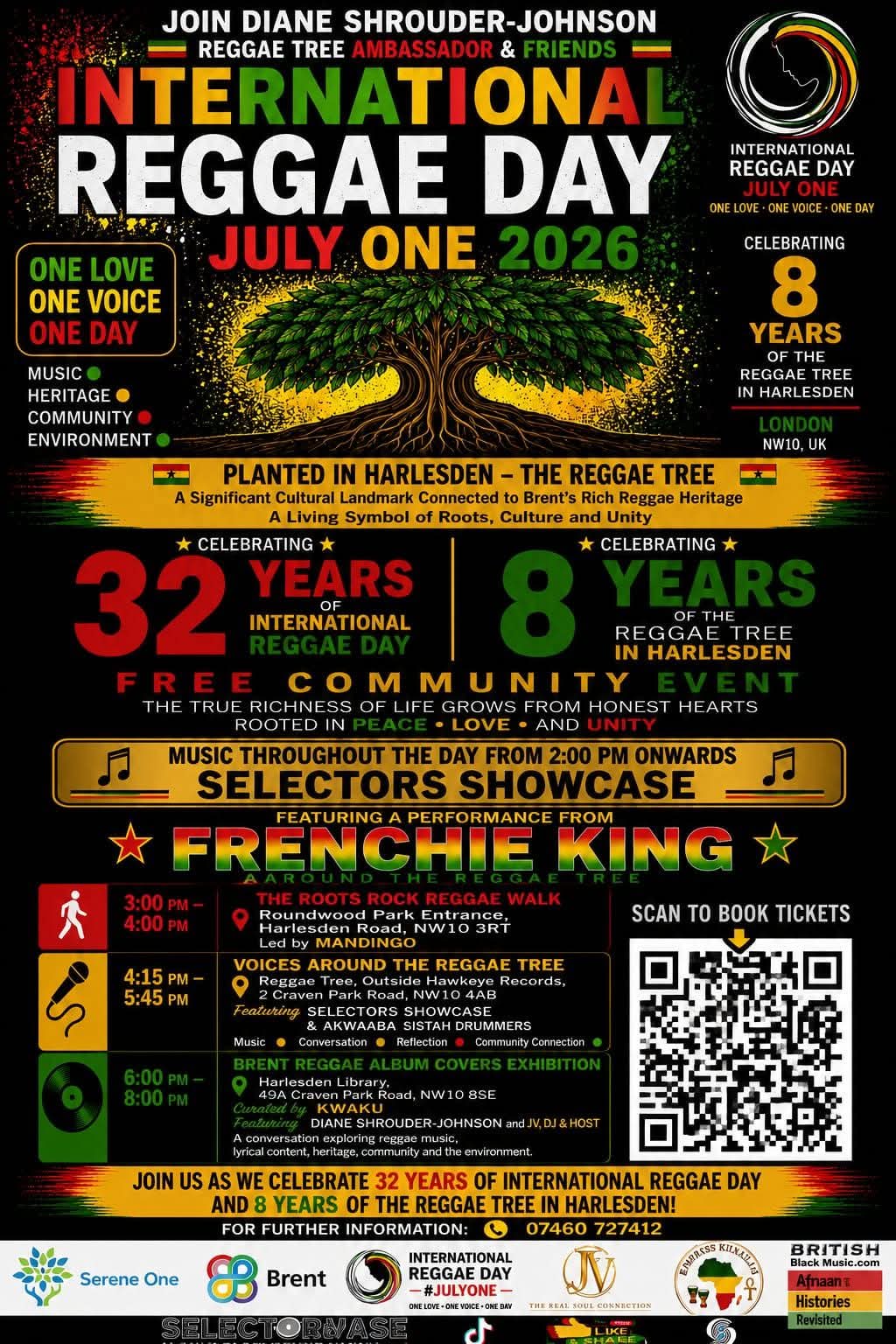 Diane Shrouder-Johnson and friends International Reggae Day community flyer for 1 July 2026, including the Roots Rock Reggae Walk led by Mandingo