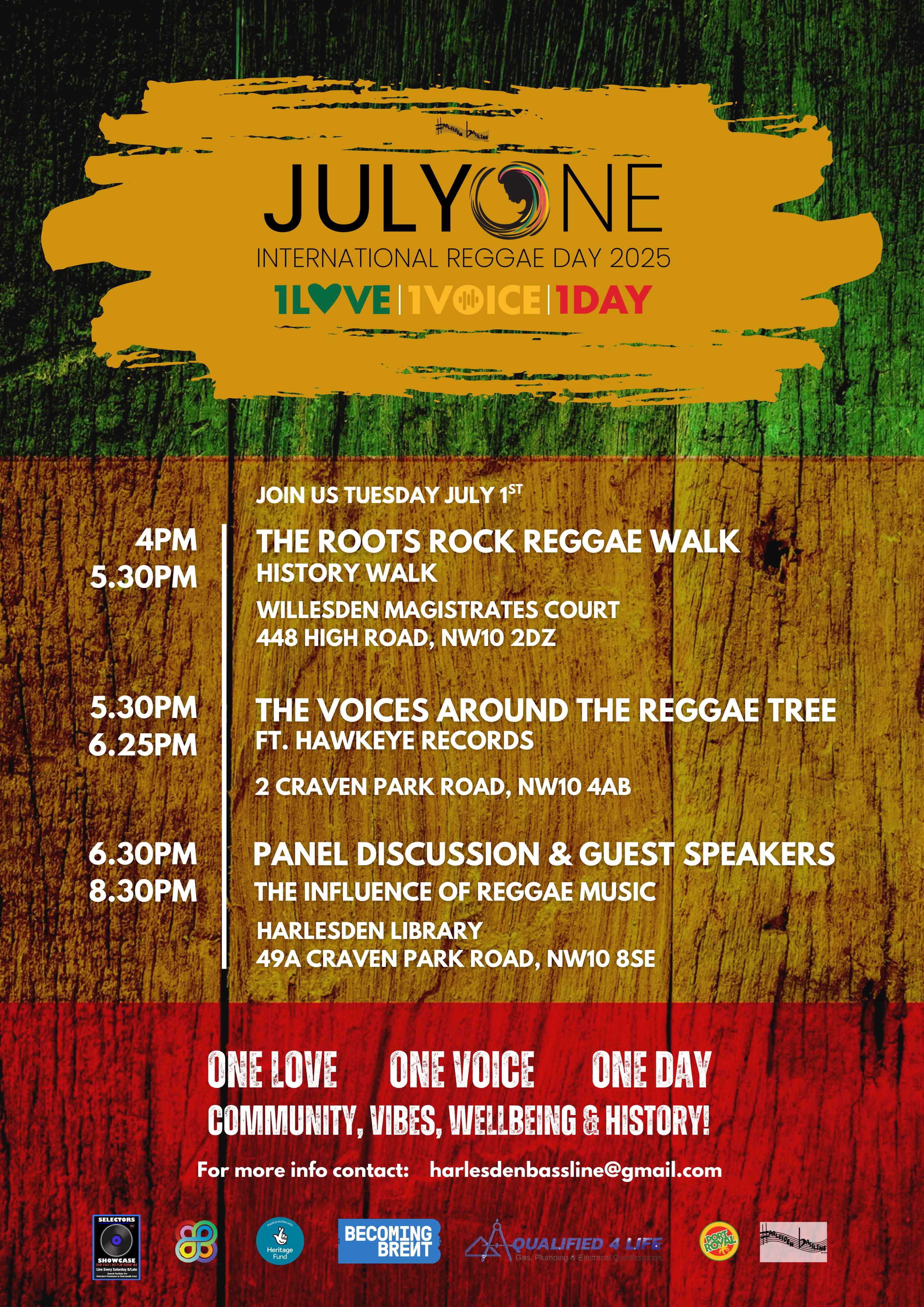 International Reggae Day 2025 flyer listing the Roots Rock Reggae Walk and community programme on 1 July